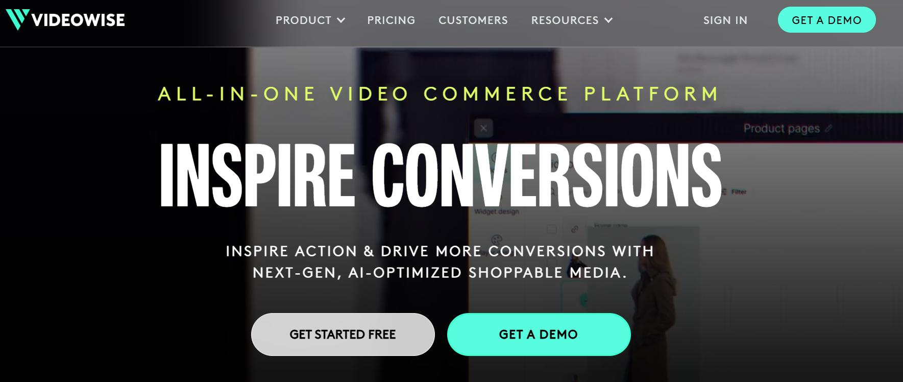 Videowise homepage hero section promoting an all-in-one video commerce platform with “Inspire Conversions” headline and demo buttons.