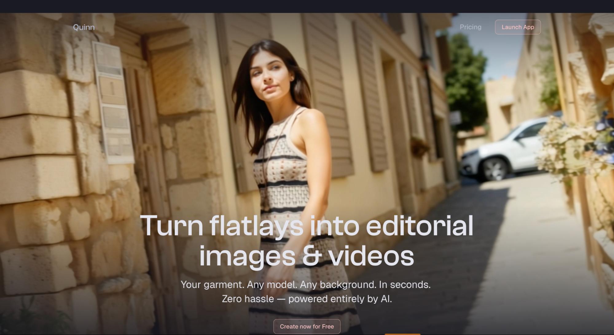 Quinn homepage hero showing a model photo with text about turning flatlays into editorial images and videos using AI-powered fashion content creation.