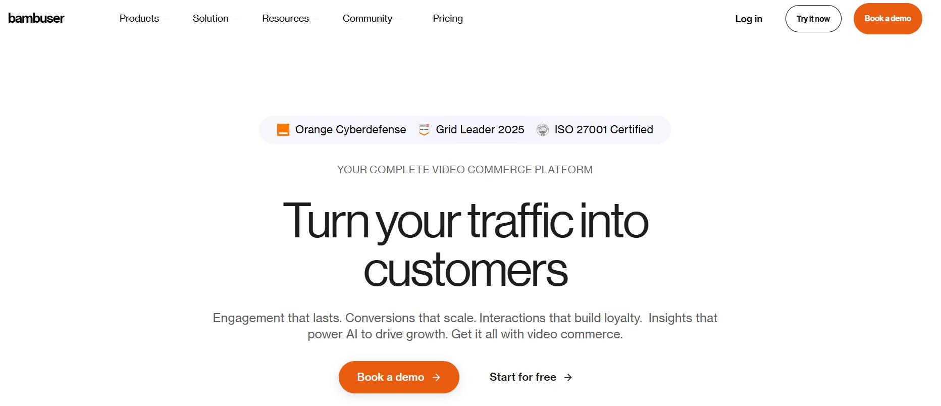 Bambuser homepage hero promoting a video commerce platform with headline “Turn your traffic into customers” and call-to-action demo buttons.