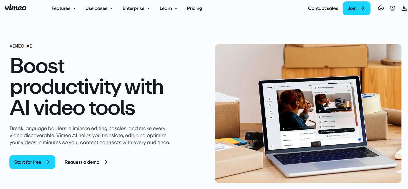 Vimeo AI landing page promoting productivity with AI video tools.