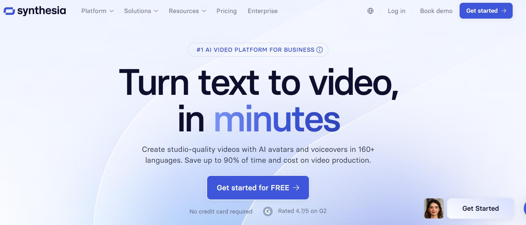 Synthesia homepage hero promoting AI text-to-video creation, highlighting fast video generation with avatars and voiceovers in multiple languages.