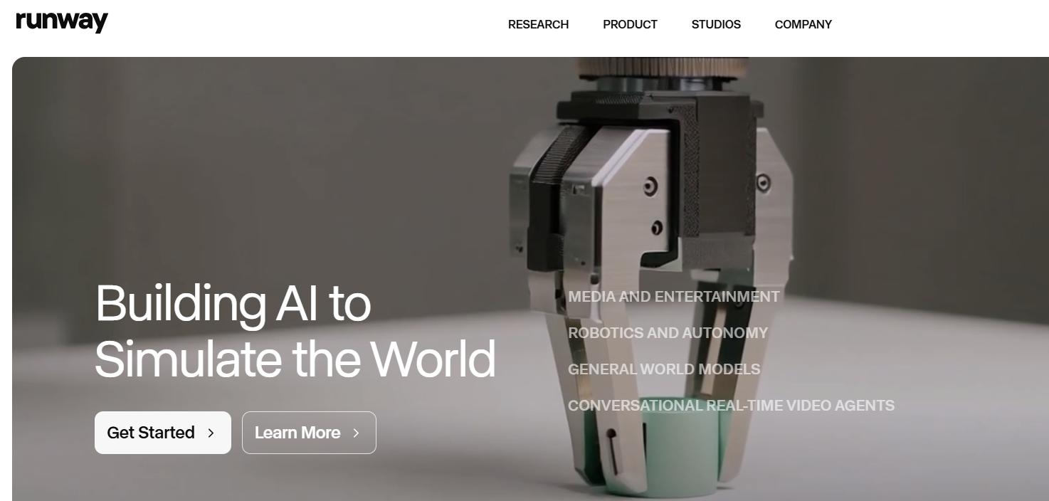 Runway homepage hero showing “Building AI to Simulate the World” headline with a robotic device image and Get Started button.