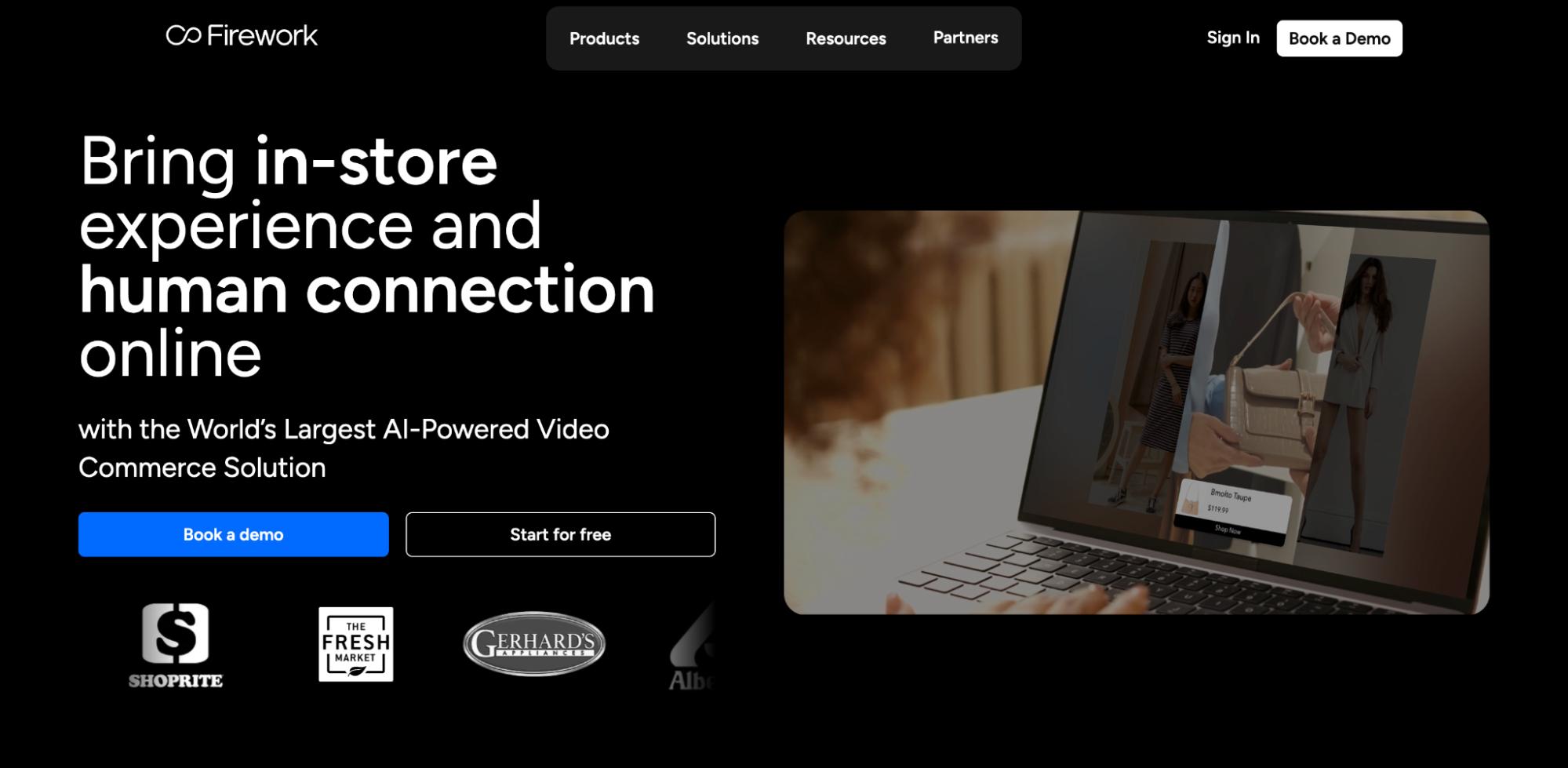 Firework homepage hero showing AI-powered video commerce platform, headline about bringing in-store experience online, and demo buttons.