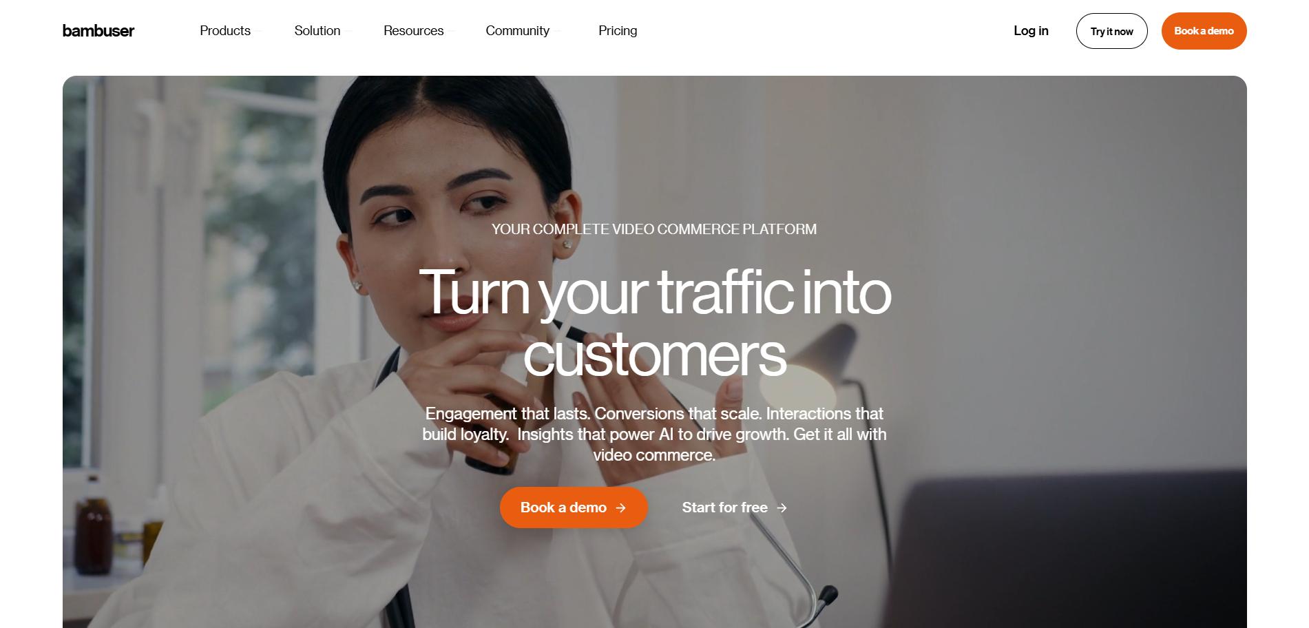 Bambuser homepage for video commerce platform with a headline “Turn your traffic into customers,” with demo and free trial buttons.