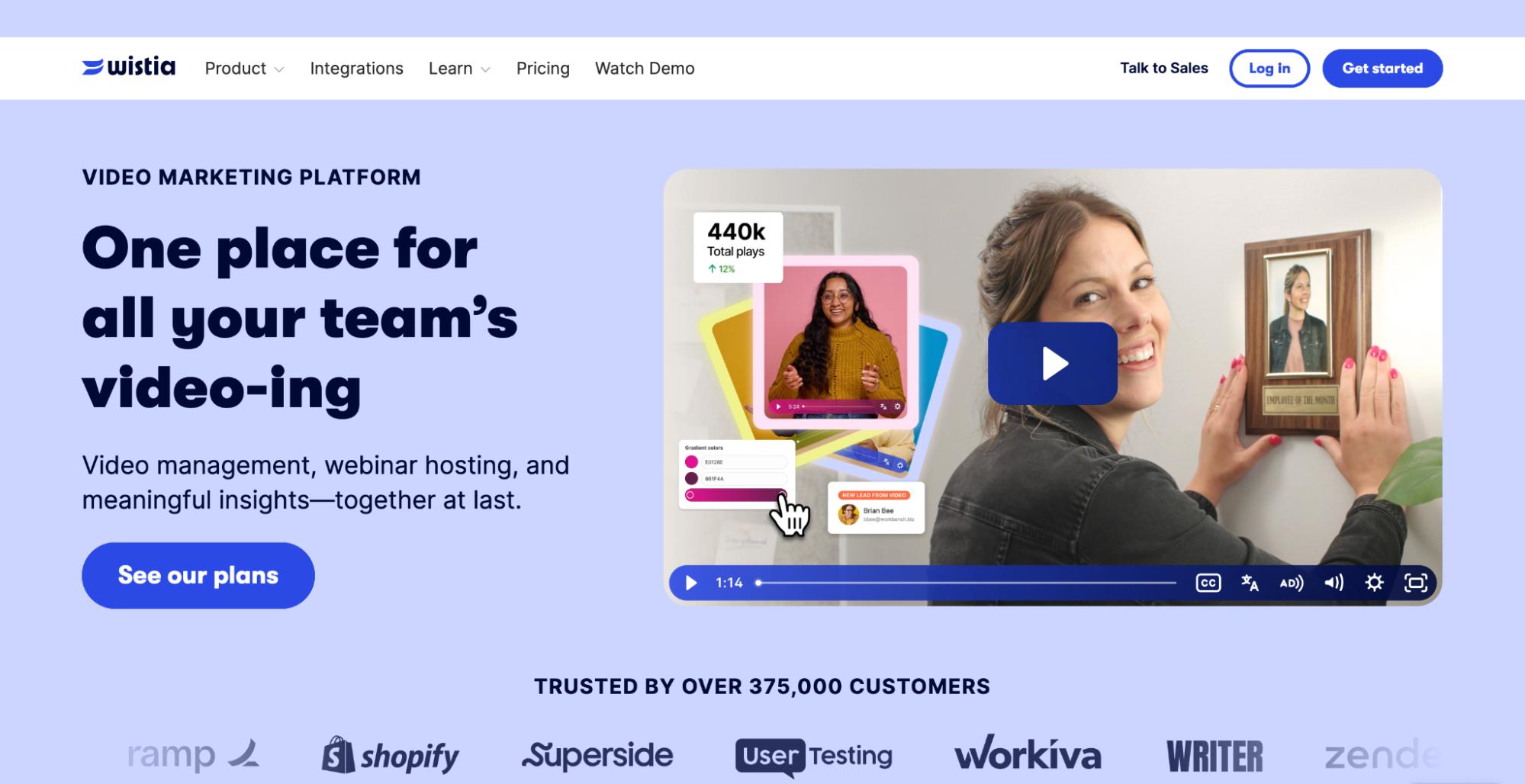 Wistia video marketing platform homepage showing team video management, analytics, webinar hosting, and a video player with call-to-action buttons.