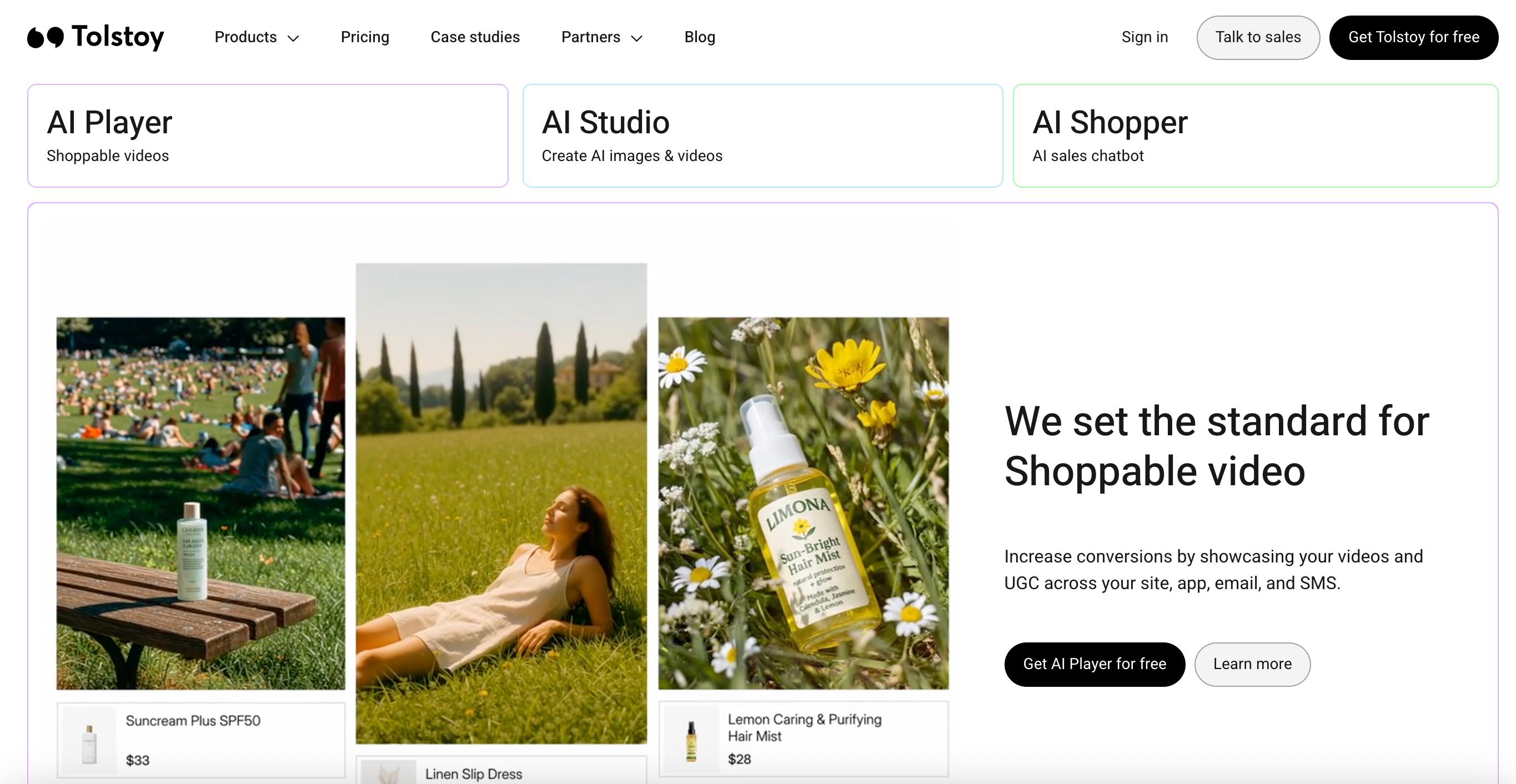 Tolstoy homepage with shoppable video examples, AI Player, AI Studio, and AI Shopper features.