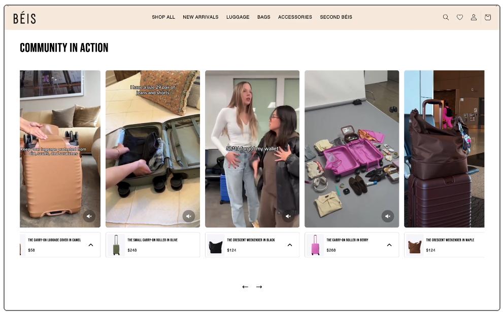 BÉIS website screenshot showing “Community in Action” with five travel product tiles, including suitcases and weekend bags with prices.