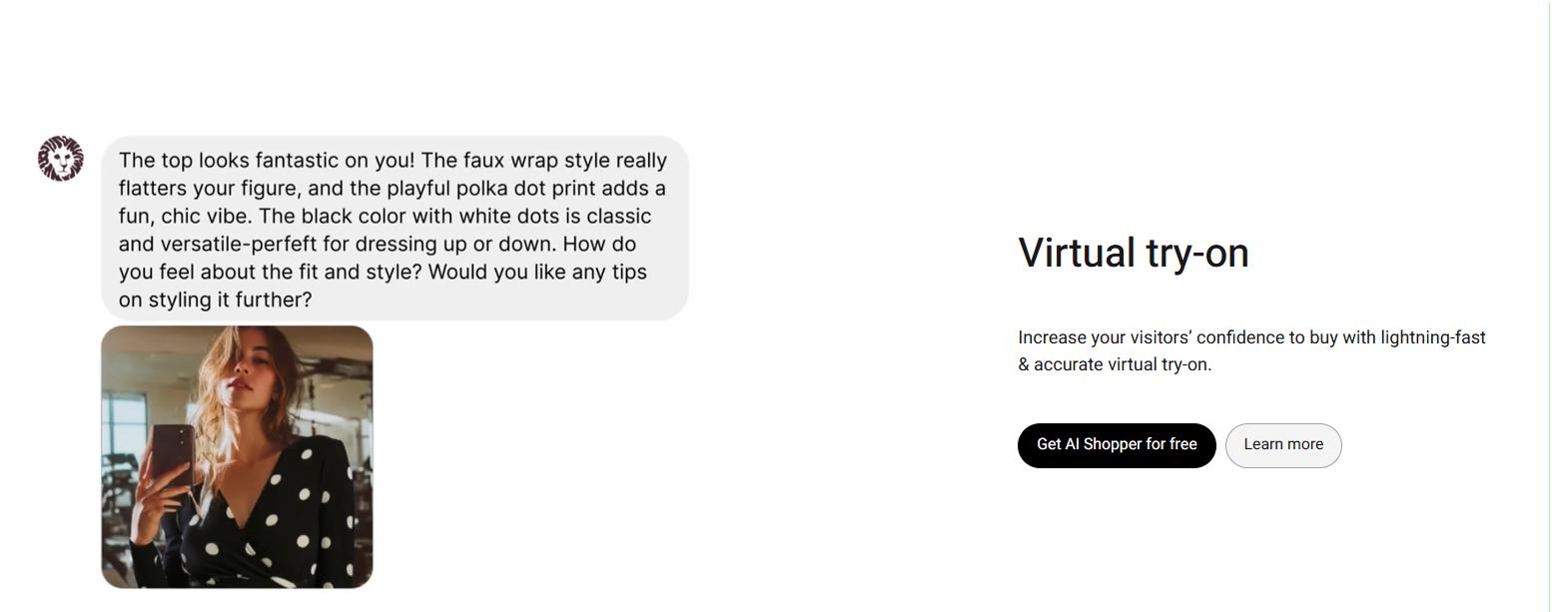 Tolstoy virtual try-on section with chat-style styling feedback.