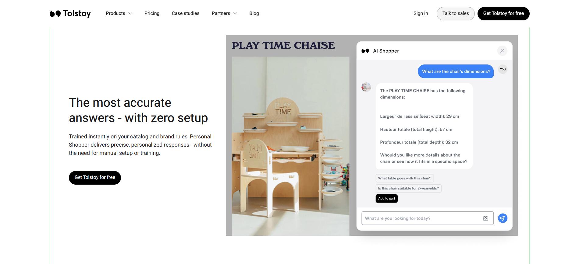 AI shopping assistant answering product questions about a wooden play chair with dimensions and add-to-cart option on e-commerce site.