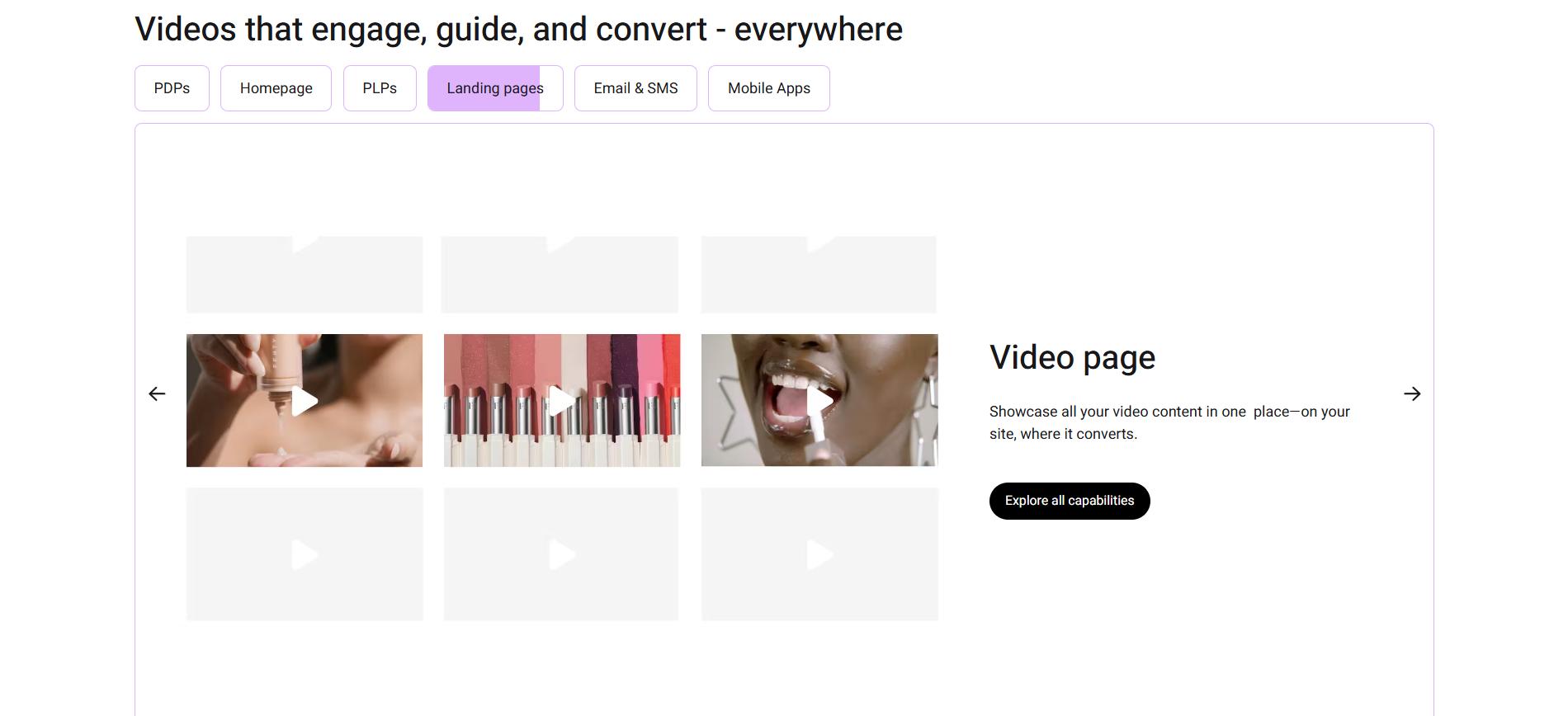 Grid of shoppable beauty videos on a landing page showcasing products and tutorials to drive engagement and conversions.