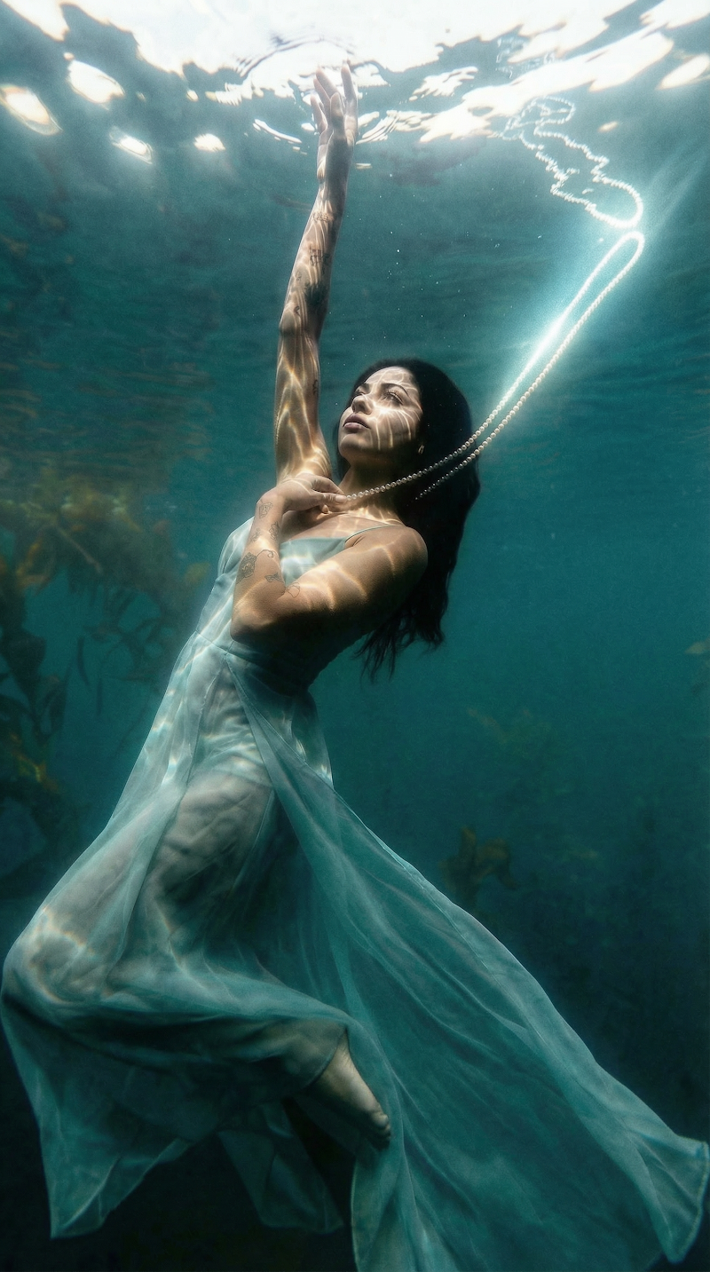 Fashion editorial underwater in blue dress