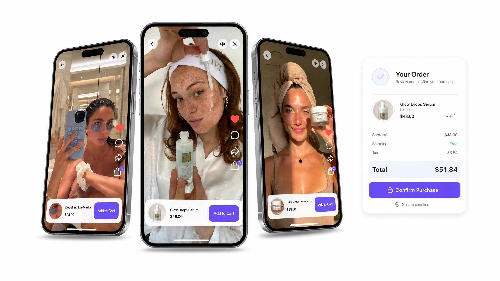 UGC-style shoppable skincare videos displayed on mobile screens with an order confirmation card