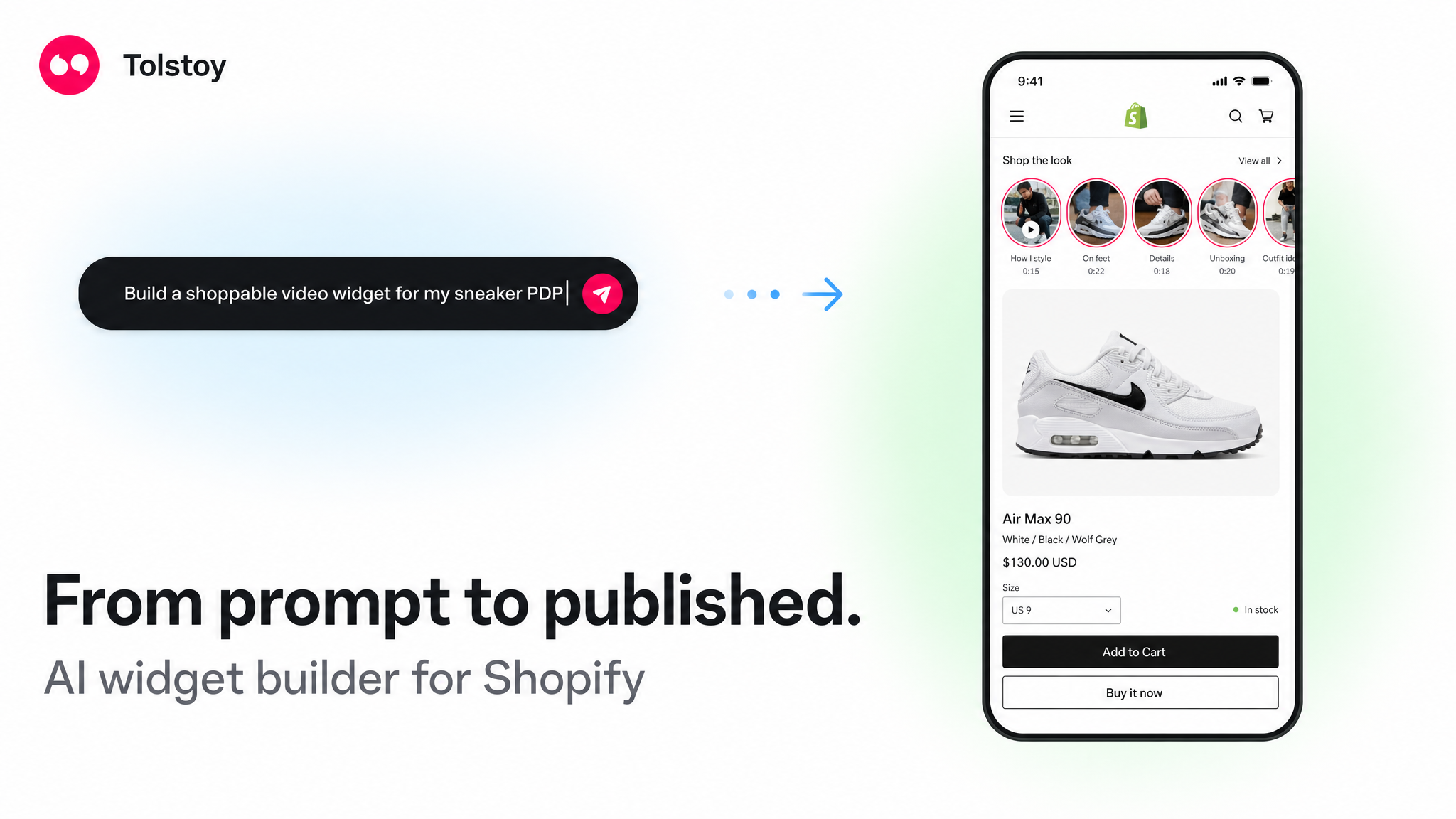 AI Widget Builder interface for creating and publishing Shopify shoppable video widgets
