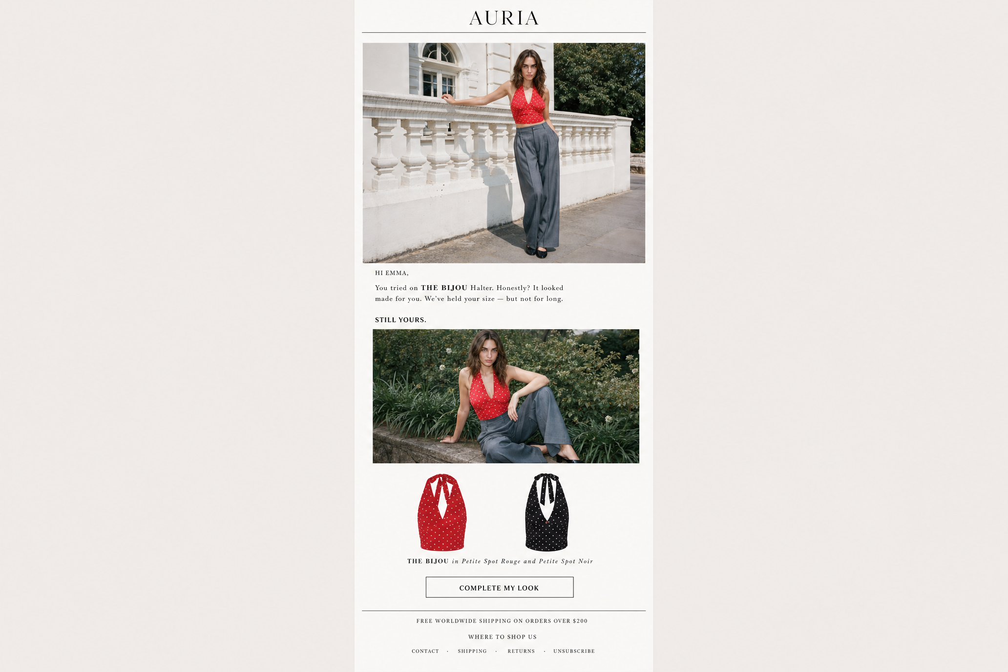 Personalized virtual try-on email campaign preview for a Shopify shopper