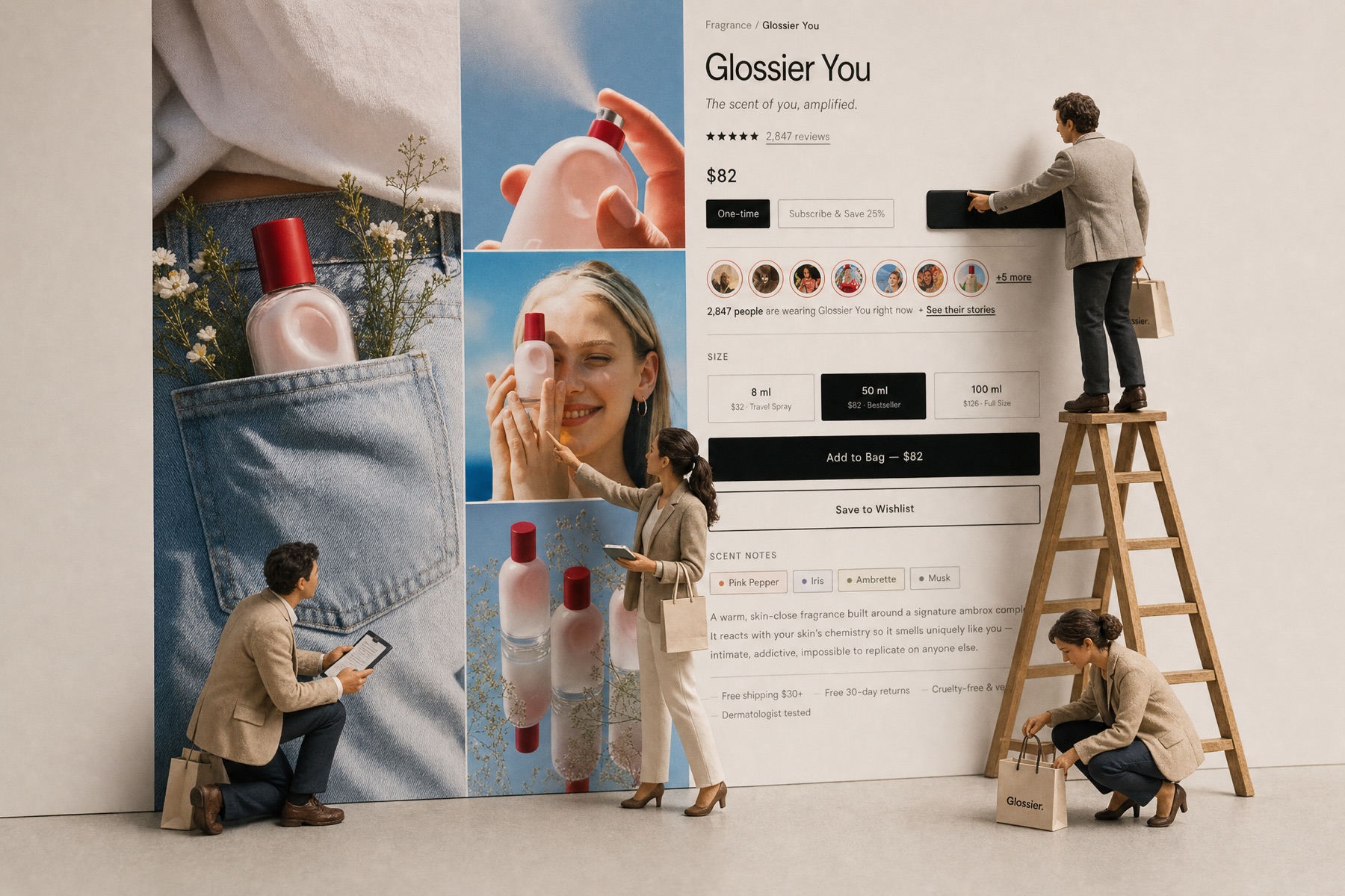 Fragrance product page collage showing product imagery, variant options, reviews, and shoppers interacting with the page