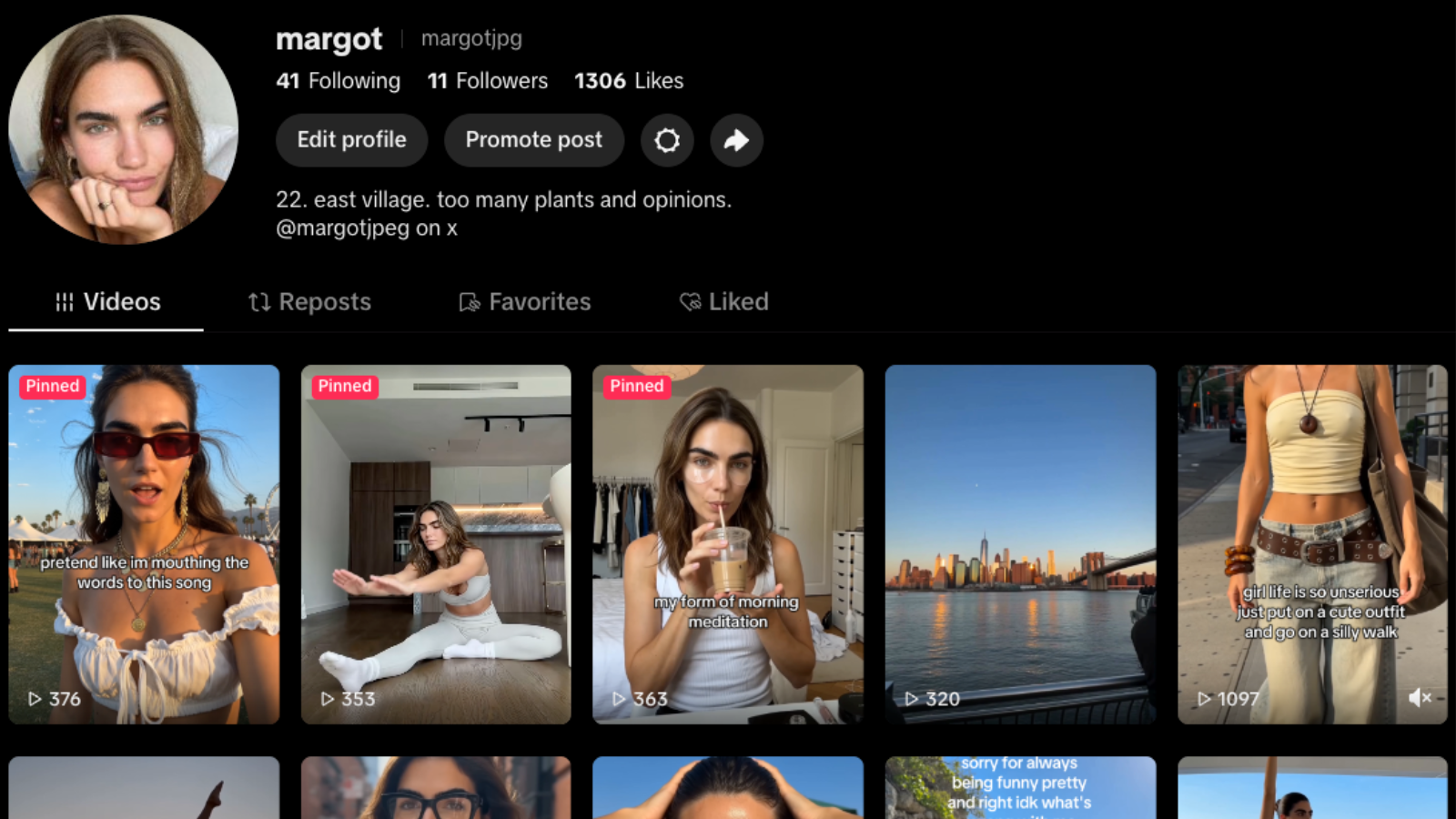 Screenshot of an AI influencer profile grid showing creator-style ecommerce content across multiple short-form posts.