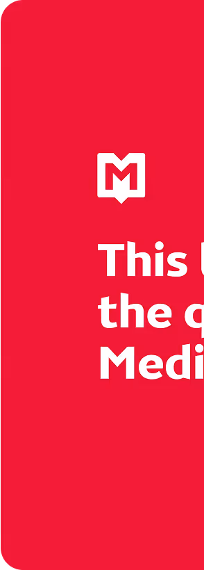 Logo stylisé lettre M blanche sur fond rouge avec texte partiel en blanc.