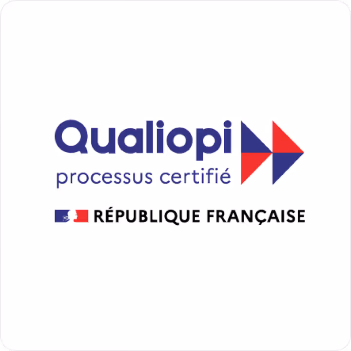 Logo Qualiopi avec la mention processus certifié et drapeau tricolore de la République Française.