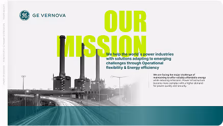 Campagne de design et wording pour General Electric avec une vue en noir et blanc d'une centrale électrique avec des cheminées, texte en vert fluo mettant en avant la mission de GE Vernova d'aider les industries énergétiques mondiales à s'adapter avec flexibilité opérationnelle et efficacité énergétique.