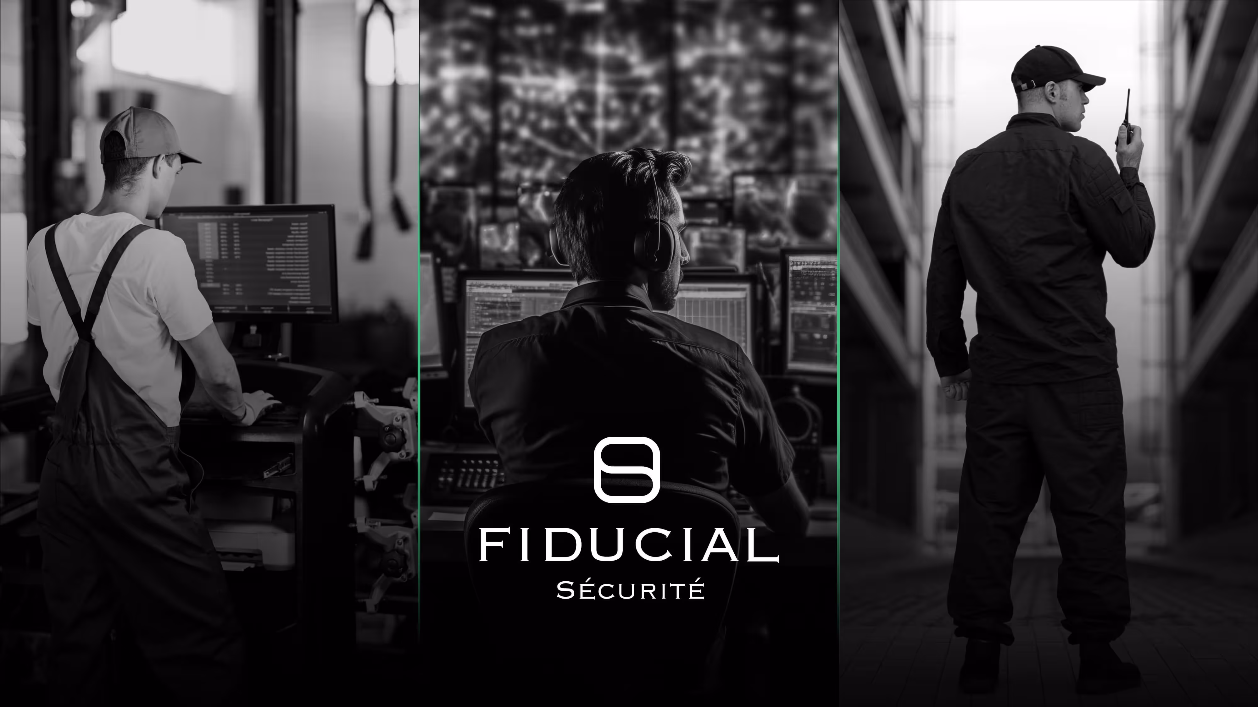 Slide de présentation corporate montrant un triptyque en noir et blanc montrant un technicien devant un écran d'ordinateur, un opérateur de sécurité avec casque face à plusieurs écrans, et un agent de sécurité avec talkie-walkie dans un couloir industriel, avec le logo Fiducial Sécurité au centre.
