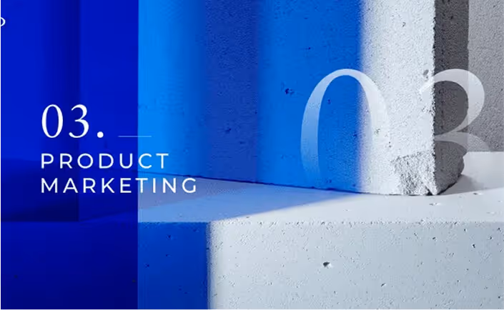 Slide de transition "03. Product Marketing" dans un pitch deck de levée de fonds