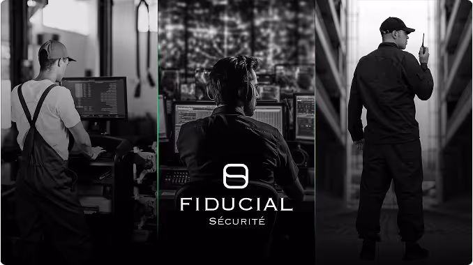Slide d'une présentation corporate avec collage en noir et blanc montrant un ouvrier devant un écran informatique, un agent de sécurité surveillant des moniteurs, et un agent de sécurité de dos tenant un talkie-walkie.