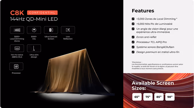 Design pour une annonce du téléviseur C8K 144Hz QD-Mini LED avec zones de local dimming, 5000 nits, angle de vision élargi, antireflet, processeur TCL AI PQ Pro, et tailles d'écran de 65, 75, 85, 98 pouces.