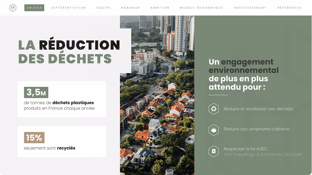 Un design Google Slides avec un tableau illustrant les enjeux de la réduction des déchets en France avec une photo aérienne d'un quartier urbain, montrant que 3,5 millions de tonnes de déchets plastiques sont produits chaque année dont seulement 15 % sont recyclés, et soulignant l'engagement environnemental attendu pour réduire les déchets, l'empreinte carbone, et respecter la loi AGEC.