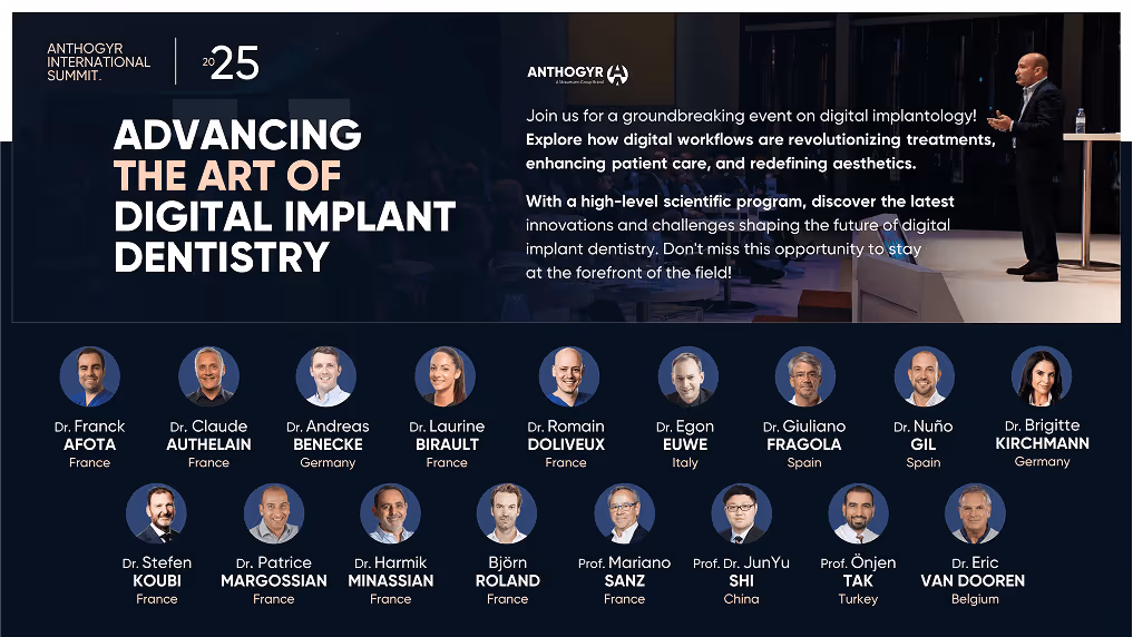 Annonce du 25e sommet international Anthogyr sur l'avancement de l'art de l'implantologie dentaire numérique avec une photo d'intervenant et portraits de 17 experts mondiaux en implantologie digitale.