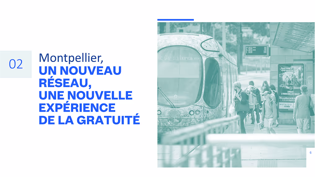 Visuel Design qui annonce une nouvelle avec un tramway moderne à Montpellier avec des passagers montant et descendant à l'arrêt, accompagnée d'un texte sur un nouveau réseau gratuit.