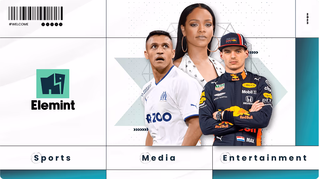 Logo Elemint à gauche, au centre un joueur de football en maillot blanc, une femme et un pilote de course en combinaison Red Bull, avec les mots Sports, Media, Entertainment en bas.