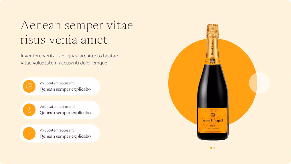 Template PowerPoint d'une bouteille de champagne Veuve Clicquot Brut à droite avec texte et icônes descriptives à gauche sur fond beige.