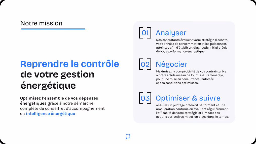 Un pitch deck de présentation de la mission pour reprendre le contrôle de la gestion énergétique avec trois étapes : Analyser la stratégie d'achats, Négocier avec les fournisseurs, Optimiser et suivre la performance énergétique.