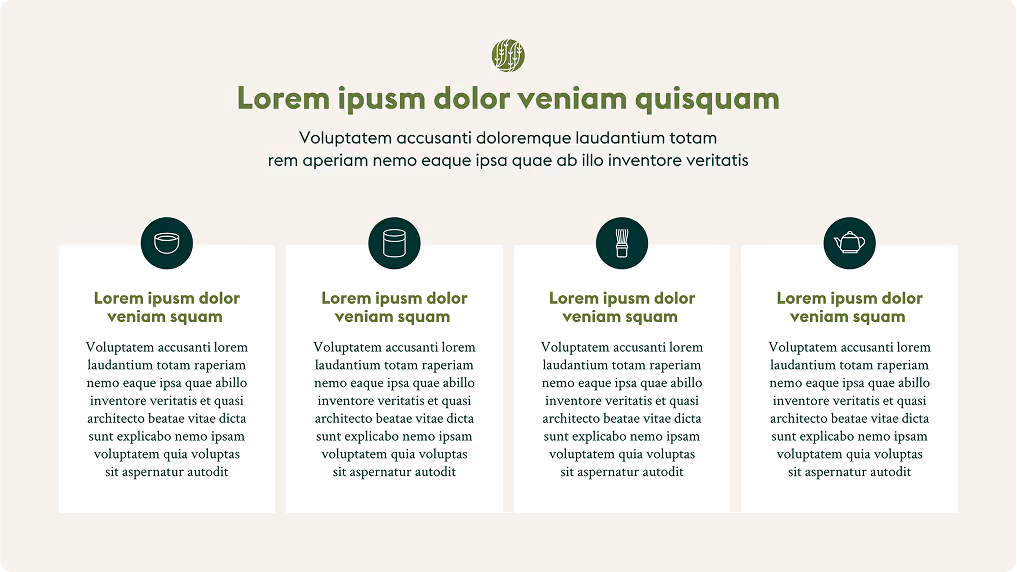 Un templace de présentation PowerPoint d'une section avec un titre principal et quatre colonnes sous-jacentes, chacune avec une icône d’ustensile de cuisine, un sous-titre en vert et un paragraphe de texte Lorem Ipsum.