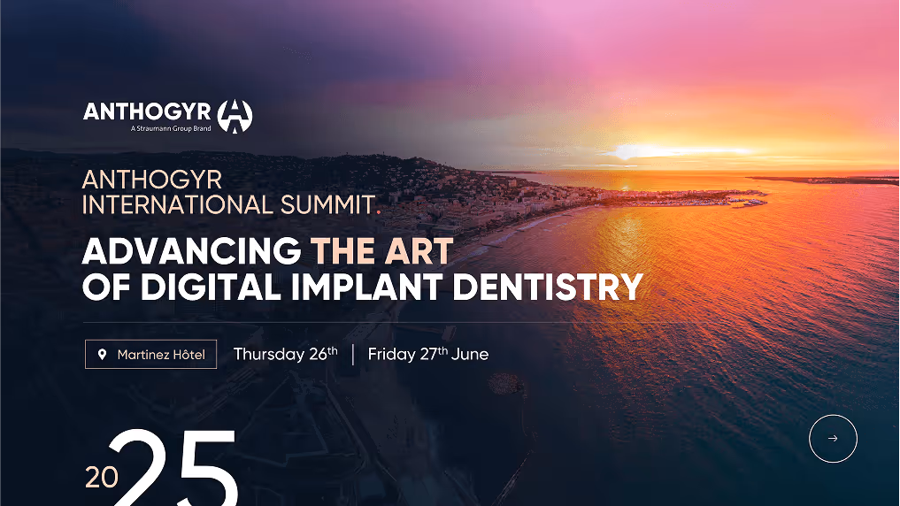 Coucher de soleil sur la mer avec texte annonçant le sommet international Anthogyr sur la dentisterie implantaire numérique, dates 26-27 juin au Martinez Hôtel.