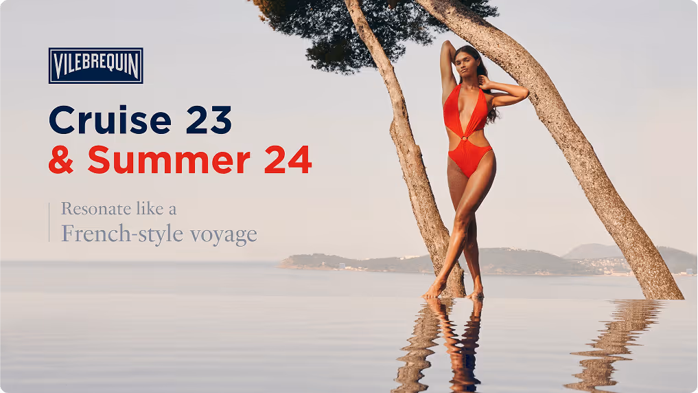 Femme en maillot de bain rouge posant entre deux arbres au bord d'une eau calme avec reflet, texte promouvant Cruise 23 & Summer 24 par Vilebrequin.