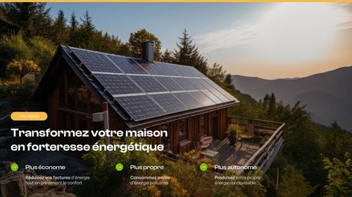 Chalet en bois avec panneaux solaires sur le toit, entouré d'arbres verts et de montagnes au coucher du soleil dans un Google Slides