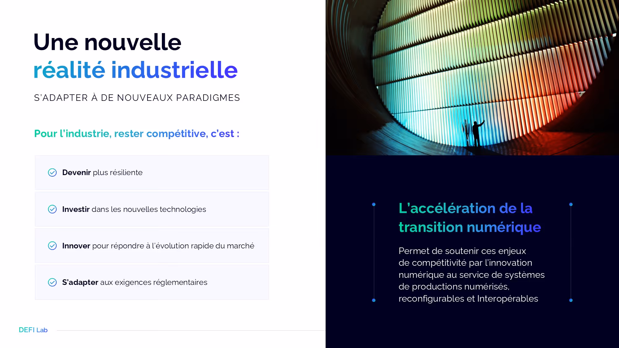 Texte sur la nouvelle réalité industrielle avec points clés sur la résilience, l'innovation et la transition numérique.
