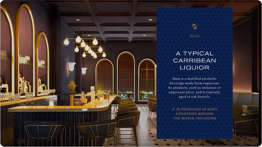 Bar interior with illuminated arched windows and text describing rum as a typical Caribbean liquor made from sugarcane.