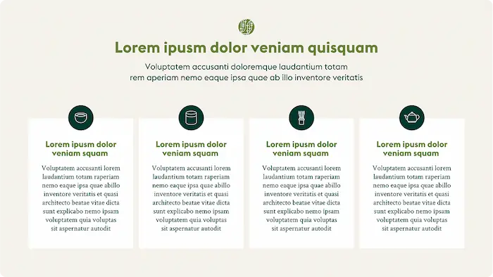 Infographie en quatre colonnes avec icônes vert foncé et texte Lorem ipsum sous le titre en vert.