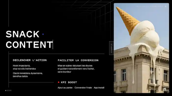 Présentation du snack content avec texte en français et image d'un cône de glace fondu géant sur un bâtiment.