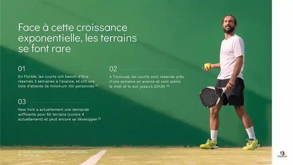 Un homme avec une raquette de padel sur un court vert à côté d'un texte en français sur la rareté des terrains.