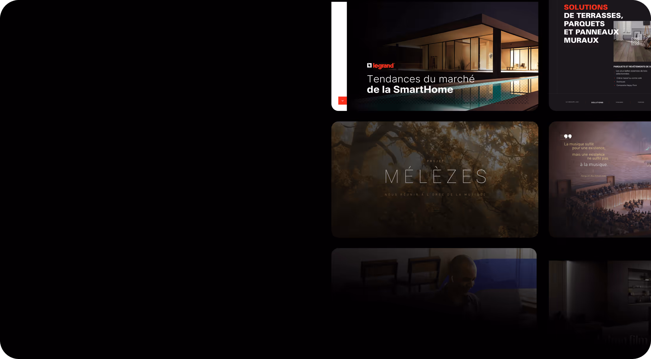 Six vignettes avec textes variés, incluant maison moderne, musique, solutions parquet, et homme souriant.