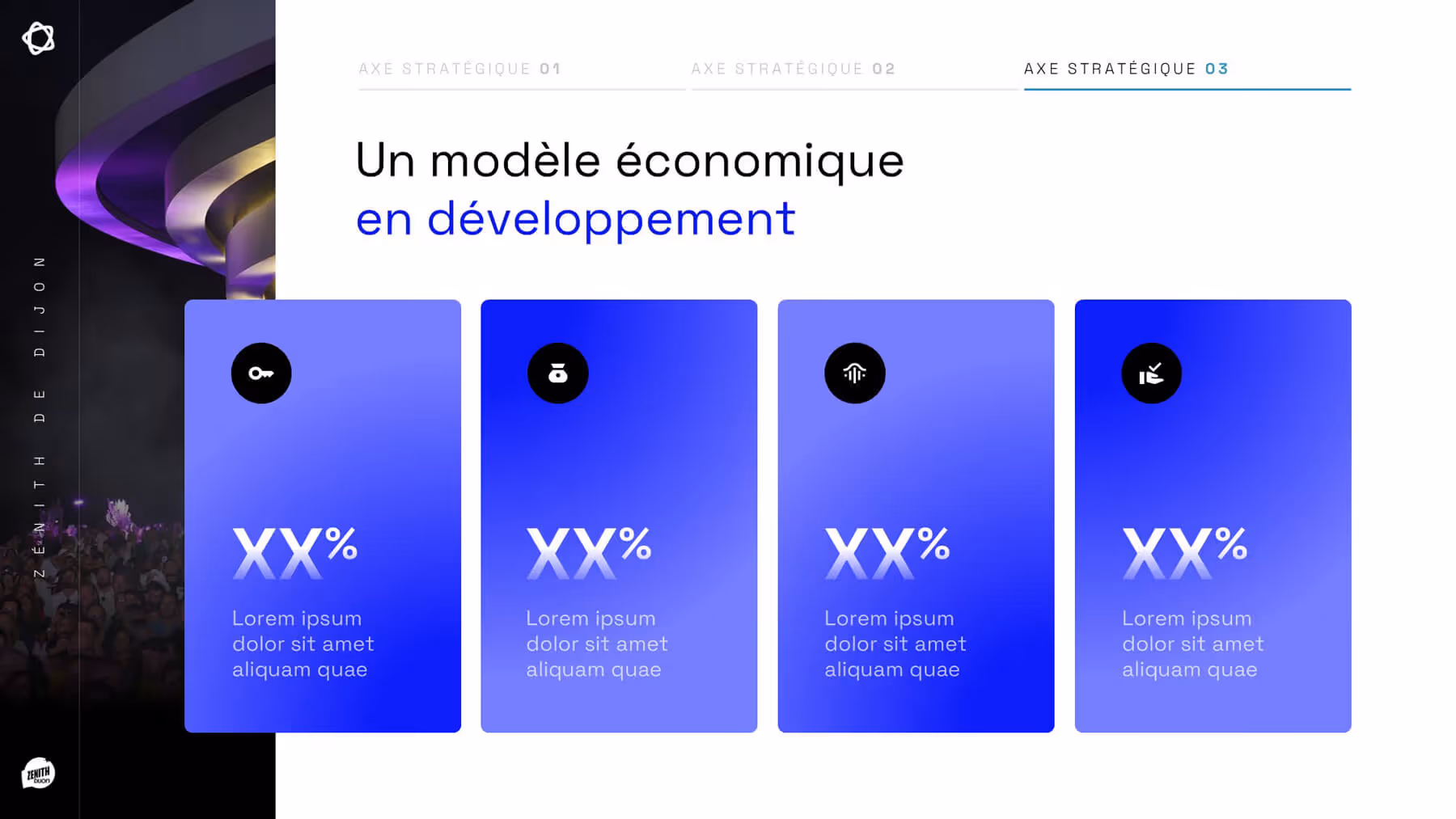Présentation avec quatre cartes bleues indiquant un modèle économique en développement avec pourcentages fictifs.