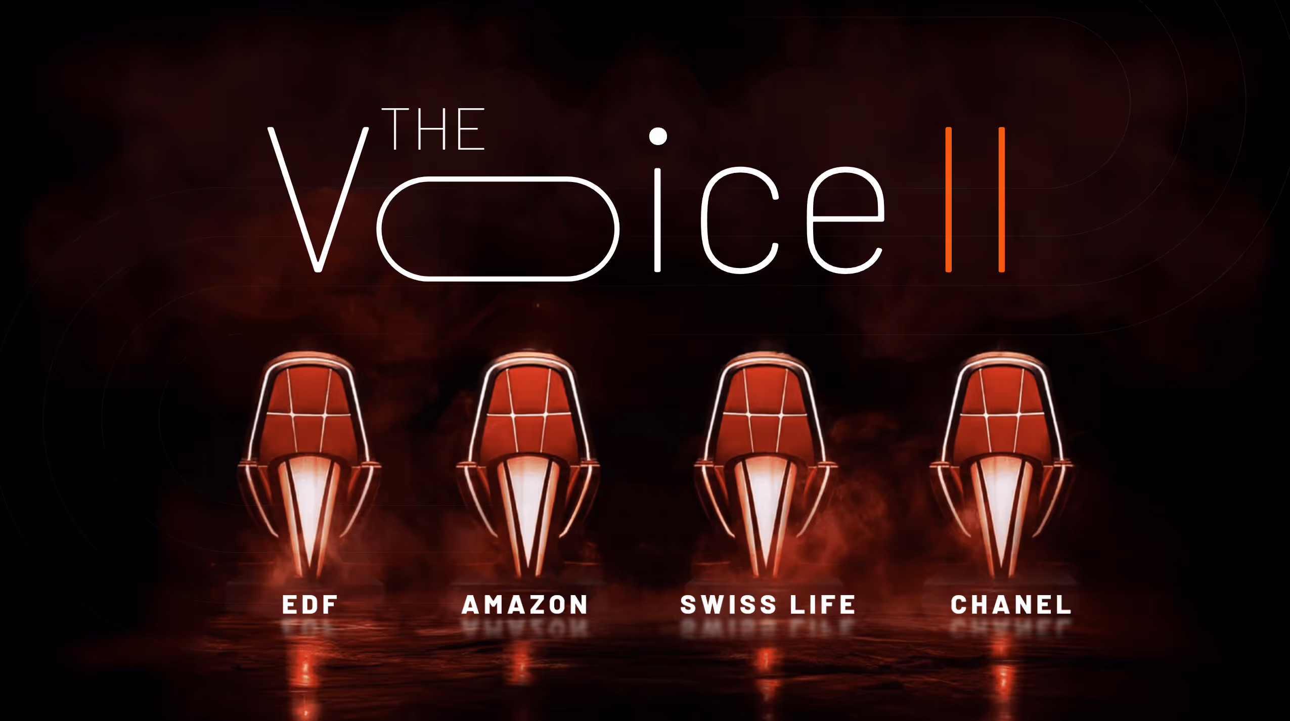 Le logo The Voice II avec quatre fauteuils rouges nommés EDF, Amazon, Swiss Life, Chanel.