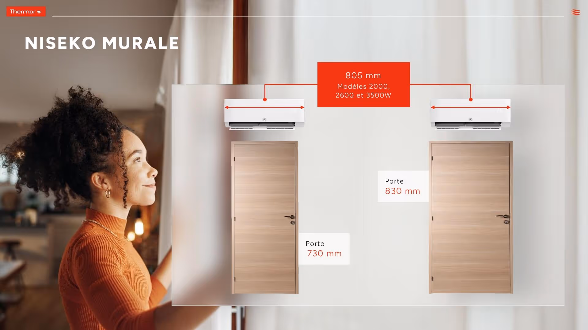Deux portes en bois de 730 mm et 830 mm avec climatiseurs muraux de 805 mm au-dessus.