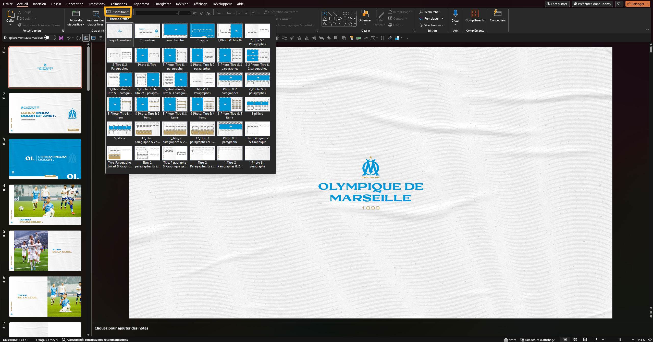 Exemples de slides réalisées par l'agence PowerPoint Histoires de Slides - Masque PowerPoint pour l'Olympique de Marseille