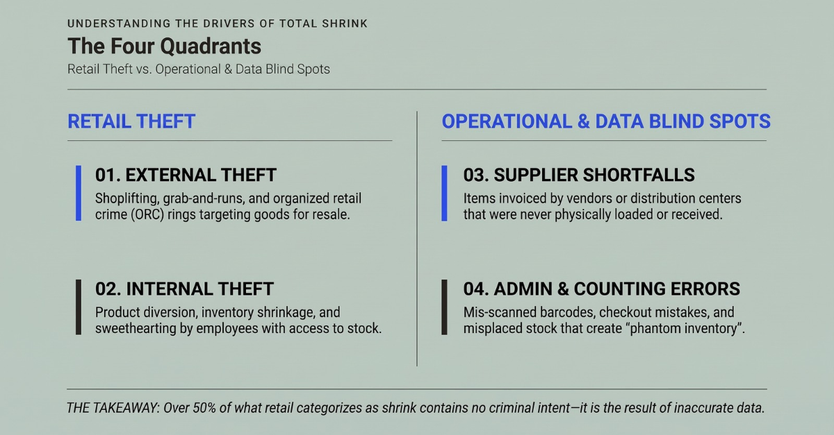 The four quadrants of total shrink: retail theft covers external theft and internal theft, while operational and data blind spots cover supplier shortfalls and admin or counting errors. Over 50% of what retail categorises as shrink contains no criminal intent