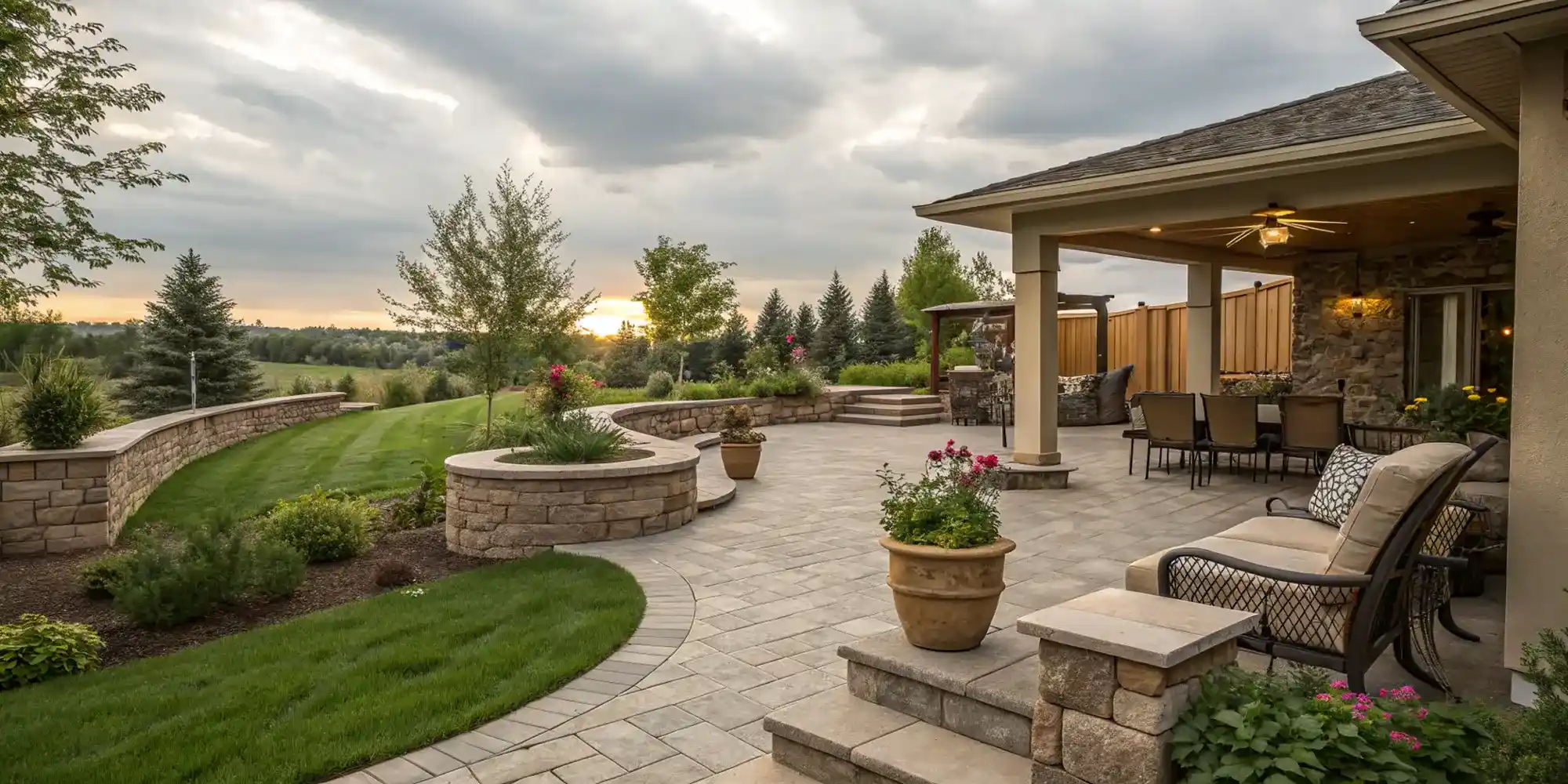 Expansive outdoor living space featuring a large paved patio with a covered dining area and comfortable seating. 