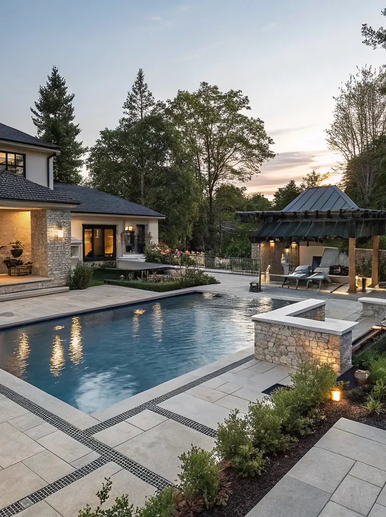Luxurious backyard oasis featuring a large swimming pool with illuminated reflections, a stylish stone patio, and a modern pergola with lounge chairs. The image showcases a beautiful home exterior with warm lighting, lush landscaping, and tall trees under a clear evening sky. Perfect for showcasing high-end outdoor living spaces, pool design, and landscape architecture.